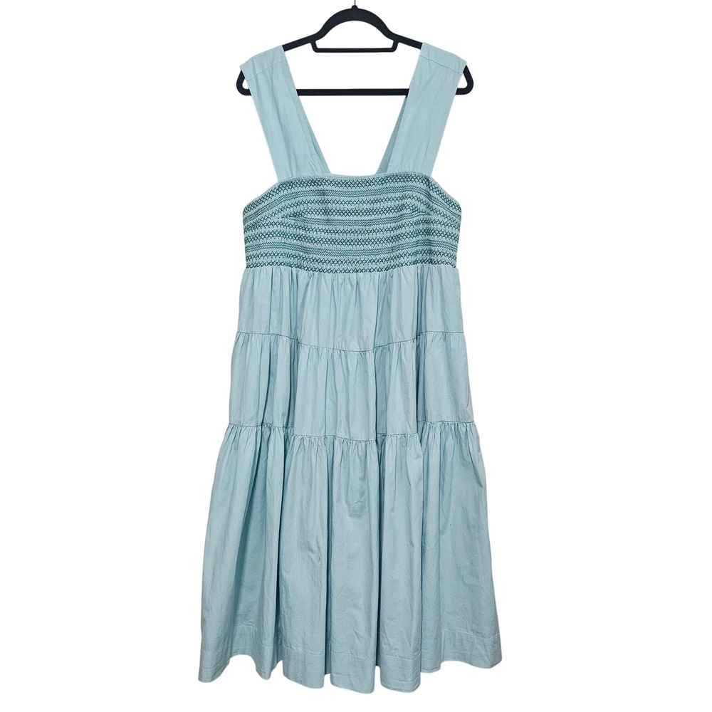 Anthropologie Helena Square Neck Tiered Midi Dress 1X Blue Smocked Cotton Boho